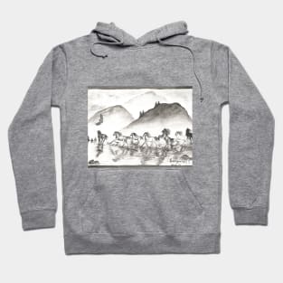 horses galloping across the water monochrome black and white watercolor painting Hoodie